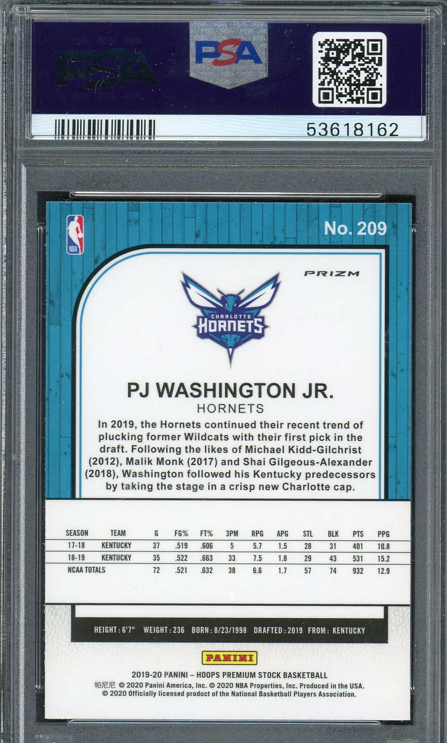 PJ Washington Jr 2019 Panini Hoops Premium Stock Pulsar Rookie Card #209 PSA 10-Powers Sports Memorabilia