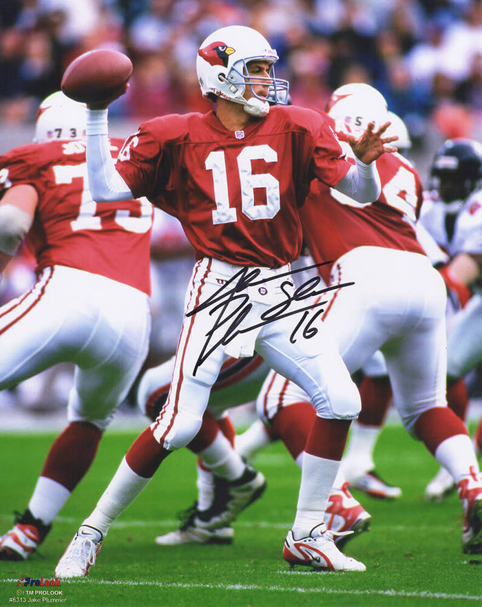 Jake Plummer Autographed Arizona Cardinals Red Jersey Throwing Action 8x10 Photo with Snake-Powers Sports Memorabilia