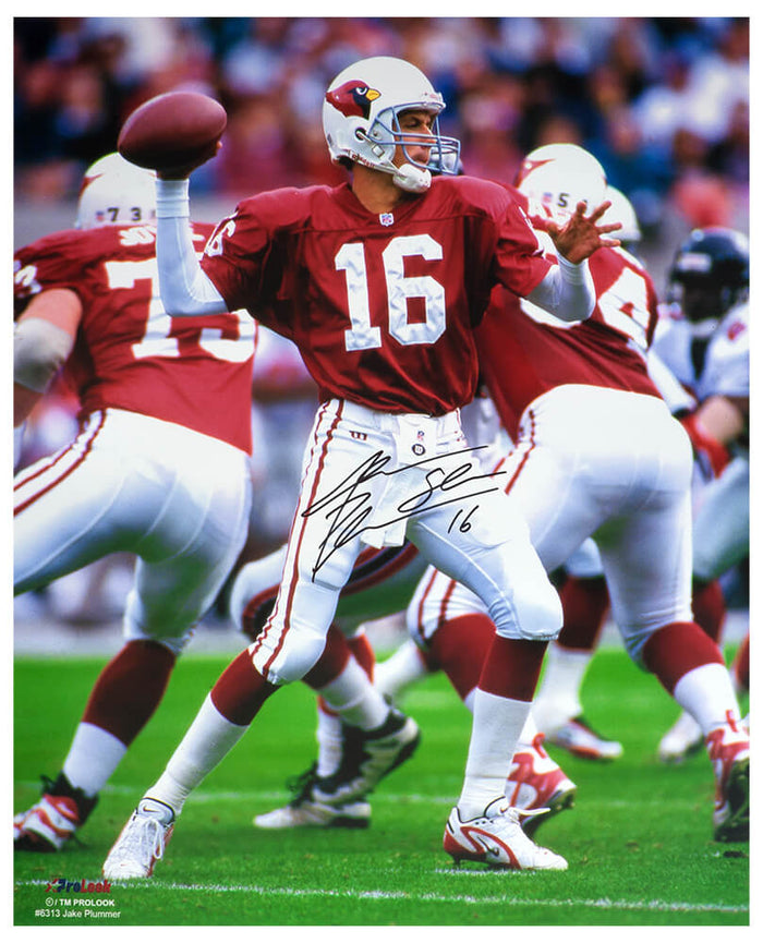 Jake Plummer Autographed Arizona Cardinals Red Jersey Throwing Action 16x20 Photo with Snake-Powers Sports Memorabilia