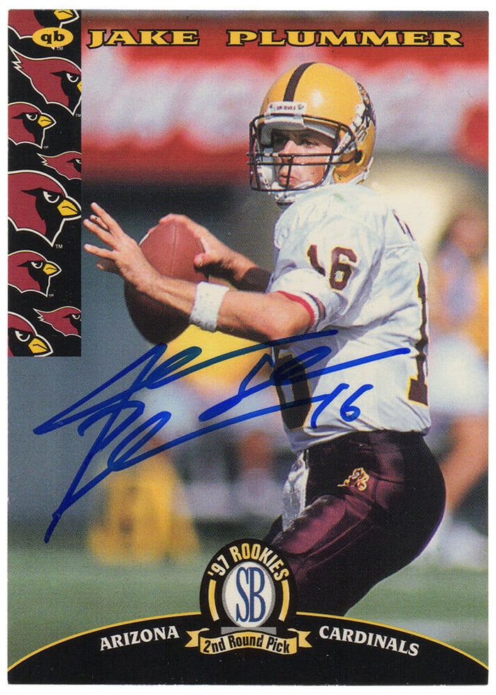 Jake Plummer Autographed Arizona Cardinals 1997 SB 2nd Round Pick Rookie Football Trading Card #1 with Snake-Powers Sports Memorabilia