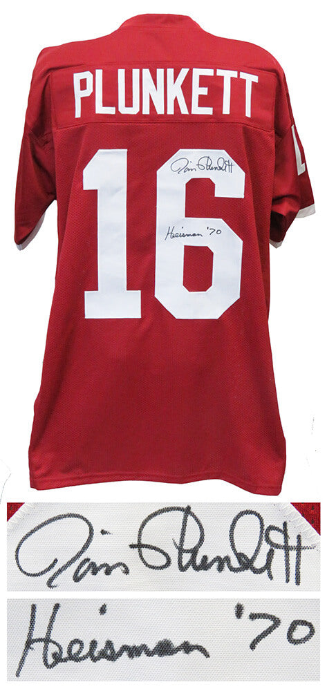 Jim Plunkett Autographed Red Throwback Custom Football Jersey with Heisman'70-Powers Sports Memorabilia