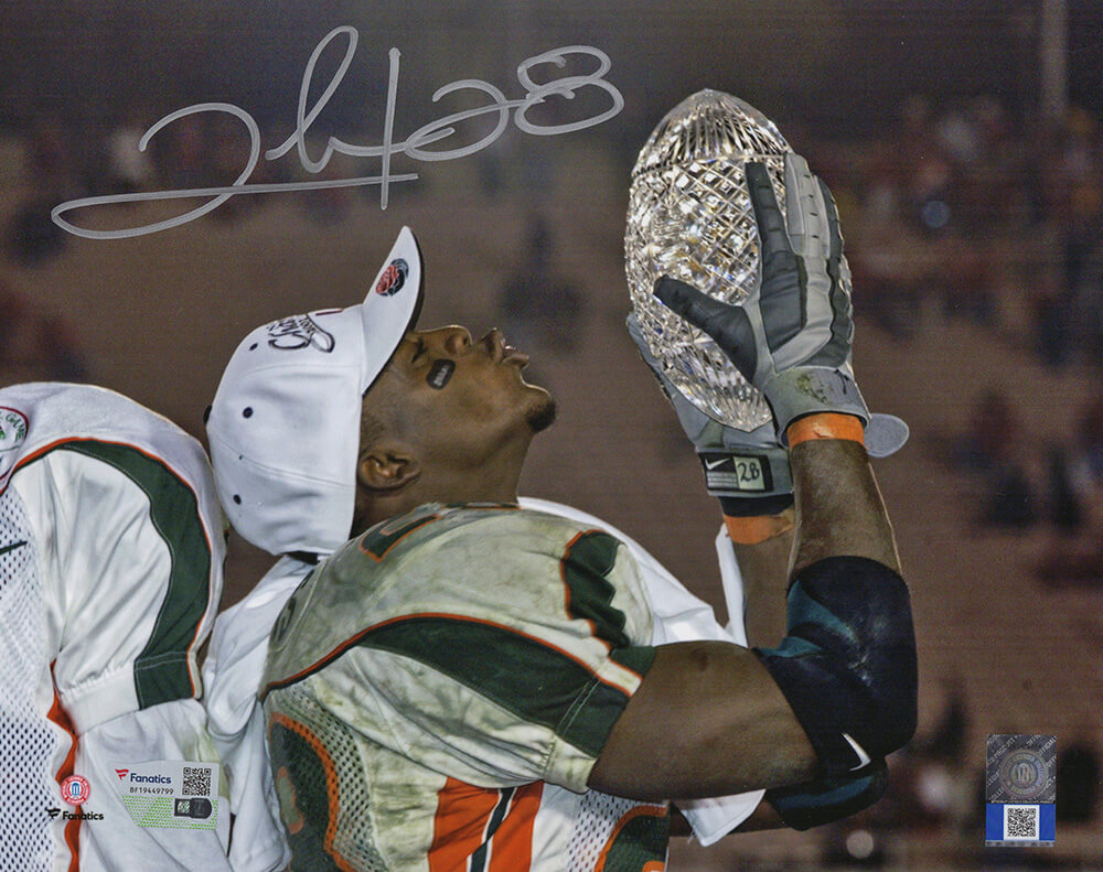 Clinton Portis Autographed Miami Hurricanes Kissing Football 8x10 Photo-Powers Sports Memorabilia