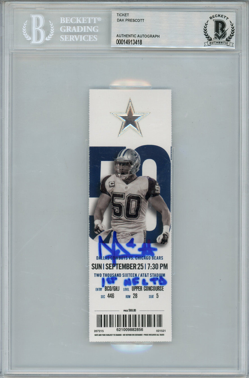 Dak Prescott Dallas Cowboys Signed Card - Cowboys 9/25/2016 Ticket Stub 1st NFL TD BAS Slab Beckett-Powers Sports Memorabilia