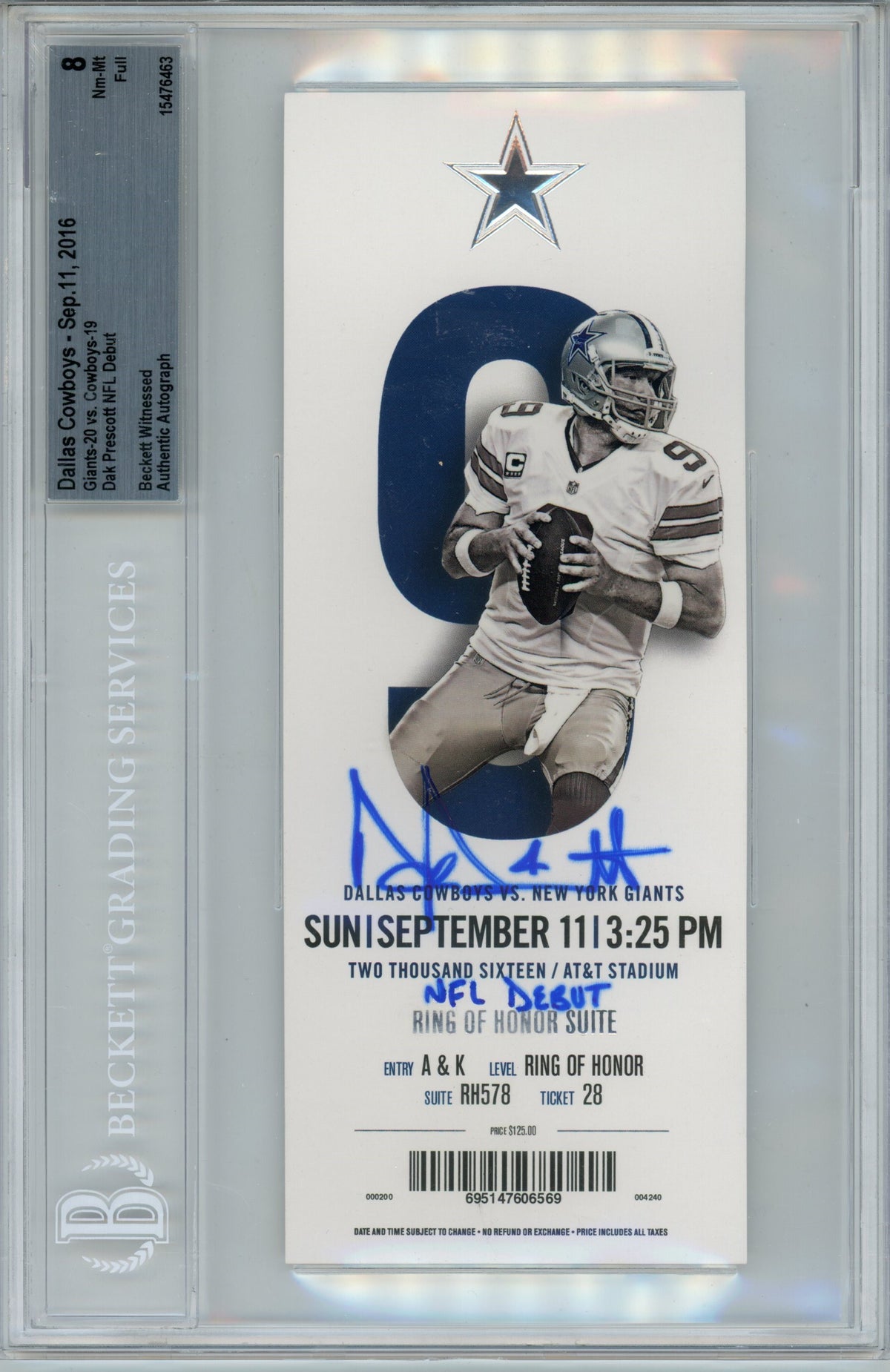 Dak Prescott Dallas Cowboys Signed Card - Ticket Stub NFL Debut Beckett Beckett-Powers Sports Memorabilia