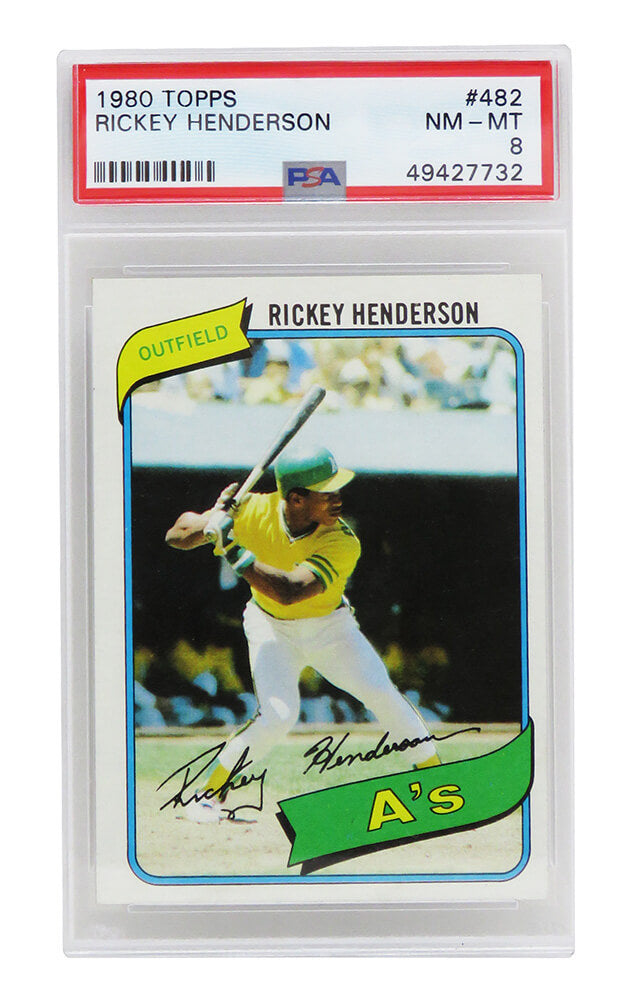 Rickey Henderson (Oakland A's) 1980 Topps Baseball #482 RC Rookie Card PSA 8 NM MT (C)-Powers Sports Memorabilia