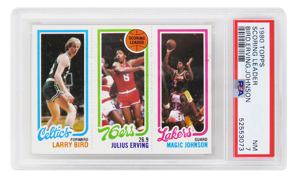 Larry Bird, Magic Johnson & Julius Erving 1980 Topps Scoring Leader RC Card (PSA 7 NM)-Powers Sports Memorabilia