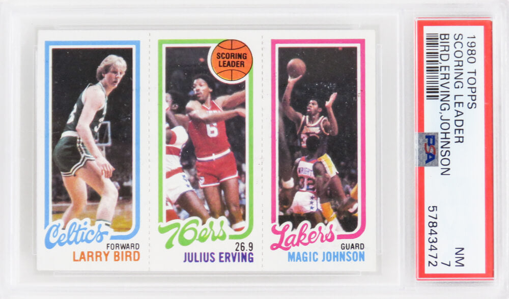 Larry Bird, Magic Johnson & Julius Erving 1980 Topps Scoring Leader RC Card (PSA 7 NM)(New Label)(C)-Powers Sports Memorabilia
