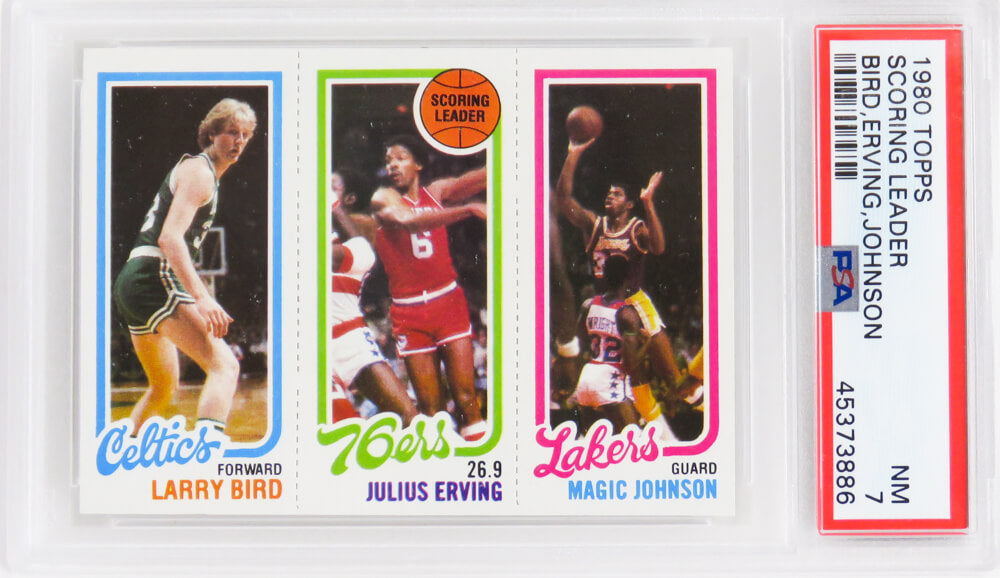 Larry Bird, Magic Johnson & Julius Erving 1980 Topps Scoring Leader RC Card (PSA 7 NM)(PWCC Top 30% Eye Appeal)(D)-Powers Sports Memorabilia