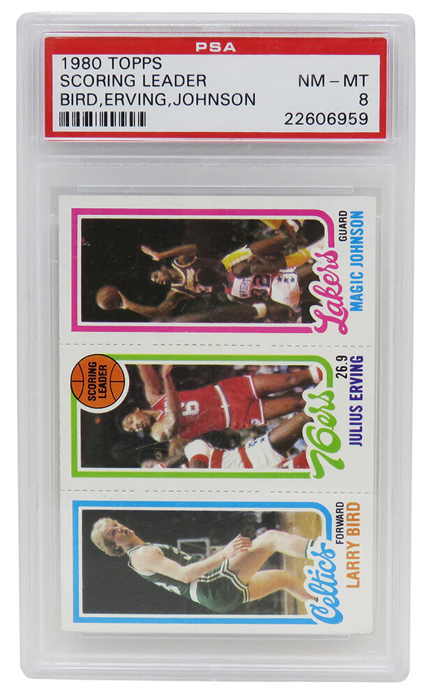 Larry Bird, Magic Johnson & Julius Erving 1980 Topps Scoring Leader RC Card (PSA 8 NM MT)(F)-Powers Sports Memorabilia
