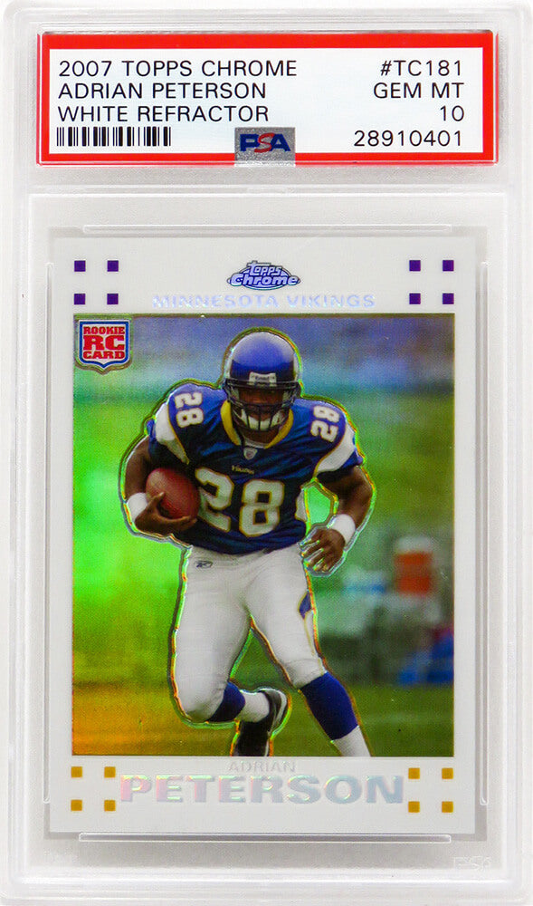 Adrian Peterson (Minnesota Vikings) 2007 Topps Chrome White Refractor #TC181 RC Rookie Card PSA 10 (#215/869)-Powers Sports Memorabilia
