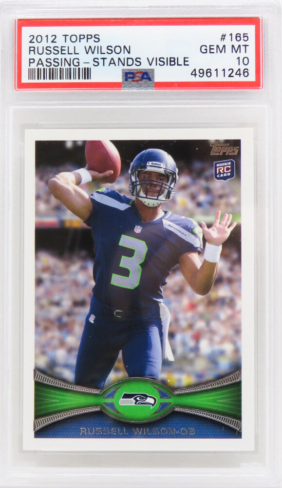 Russell Wilson (Seattle Seahawks) 2012 Topps Passing - Stands Visible RC Rookie Card #165 (PSA 10 - GM MT) (New Label)-Powers Sports Memorabilia