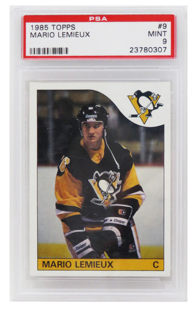 Mario Lemieux (Pittsburgh Penguins) 1985 Topps Hockey RC Rookie Card #9 PSA 9 MINT (B)-Powers Sports Memorabilia