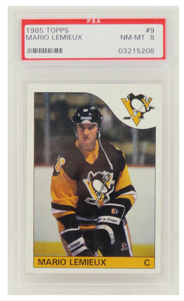 Mario Lemieux (Pittsburgh Penguins) 1985 Topps Hockey RC Rookie Card #9 (PSA 8 NM MT) (C.)-Powers Sports Memorabilia