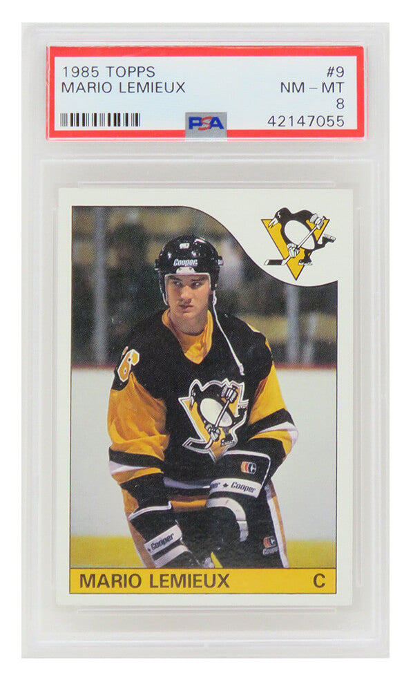 Mario Lemieux (Pittsburgh Penguins) 1985 Topps Hockey RC Rookie Card #9 (PSA 8 NM MT) (D)-Powers Sports Memorabilia