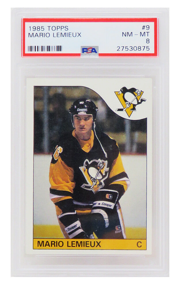Mario Lemieux (Pittsburgh Penguins) 1985 Topps Hockey RC Rookie Card #9 (PSA 8 NM MT) (E)-Powers Sports Memorabilia