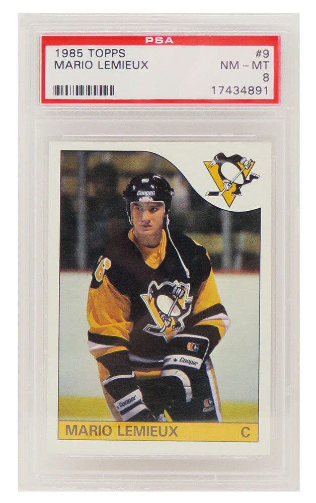 Mario Lemieux (Pittsburgh Penguins) 1985 Topps Hockey RC Rookie Card #9 (PSA 8 NM MT) (F)-Powers Sports Memorabilia