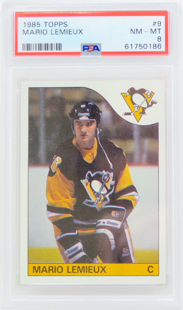 Mario Lemieux (Pittsburgh Penguins) 1985 Topps Hockey RC Rookie Card #9 (PSA 8 NM MT) (G)-Powers Sports Memorabilia