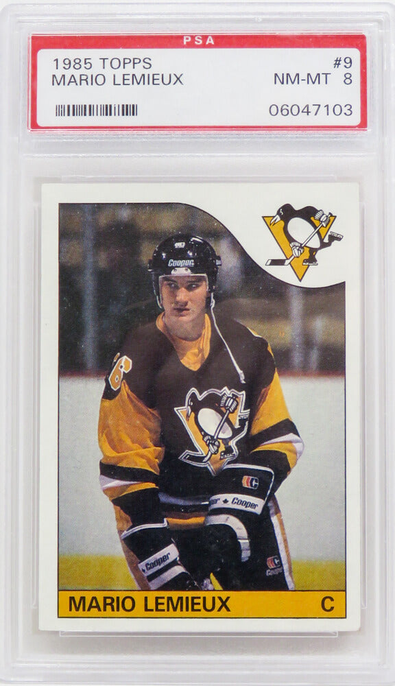 Mario Lemieux (Pittsburgh Penguins) 1985 Topps Hockey RC Rookie Card #9 (PSA 8 NM MT) (H)-Powers Sports Memorabilia