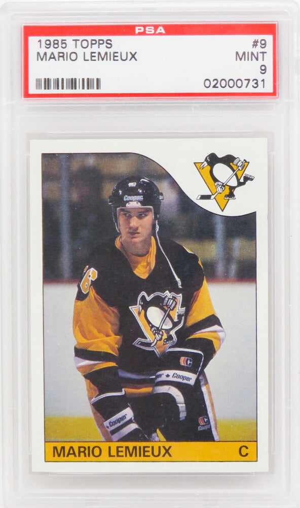 Mario Lemieux (Pittsburgh Penguins) 1985 Topps Hockey RC Rookie Card #9 (PSA 9 MINT) (J)-Powers Sports Memorabilia