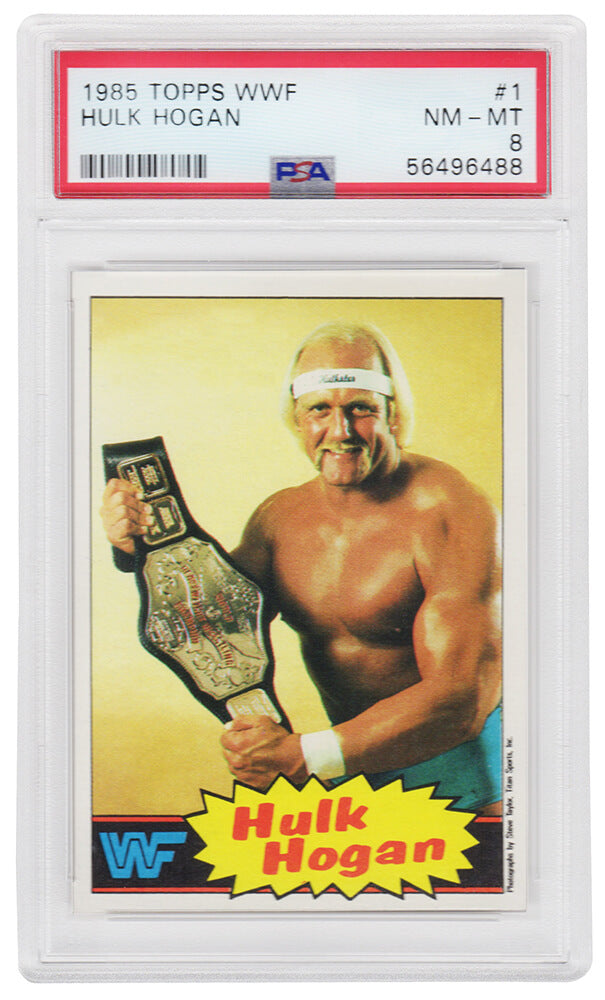 Hulk Hogan 1985 Topps WWF Pro Wrestling Stars (Yellow Background) Rookie Card #1 PSA 8 NM MT (B)-Powers Sports Memorabilia