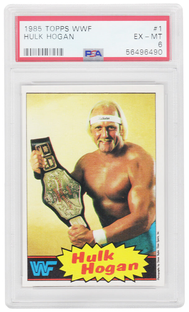 Hulk Hogan 1985 Topps WWF Pro Wrestling Stars (Yellow Background) Rookie Card #1 (PSA 6 EX MT)-Powers Sports Memorabilia
