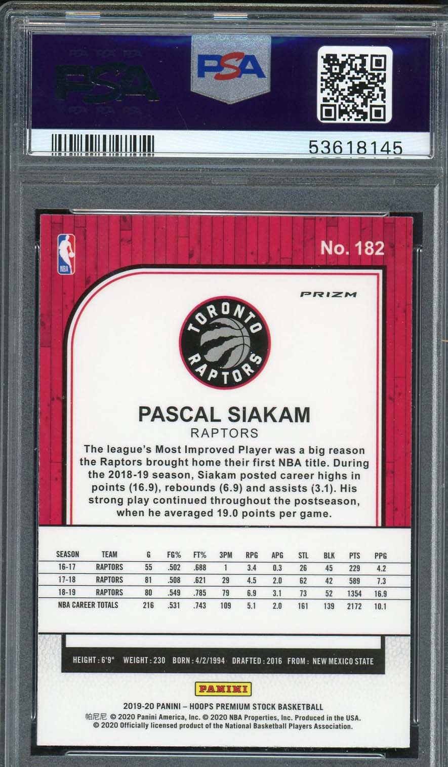 Pascal Siakam 2019 Hoops Premium Stock Pulsar Basketball Card #182 PSA 10-Powers Sports Memorabilia