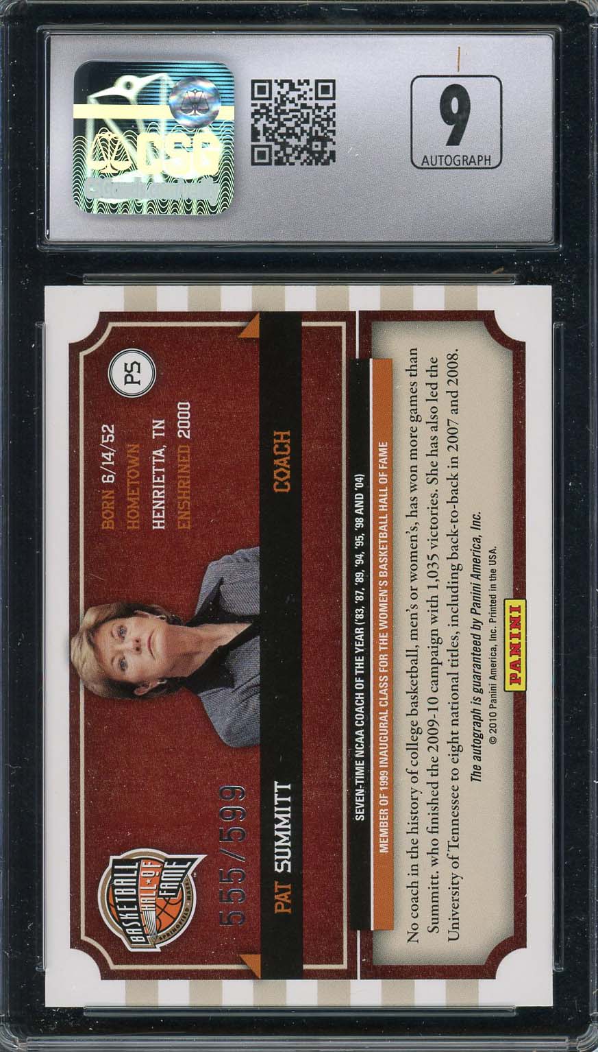 Pat Summitt Autographed 2010 Panini Hall of Famed Signatures Signed Card CSG 9.5-Powers Sports Memorabilia