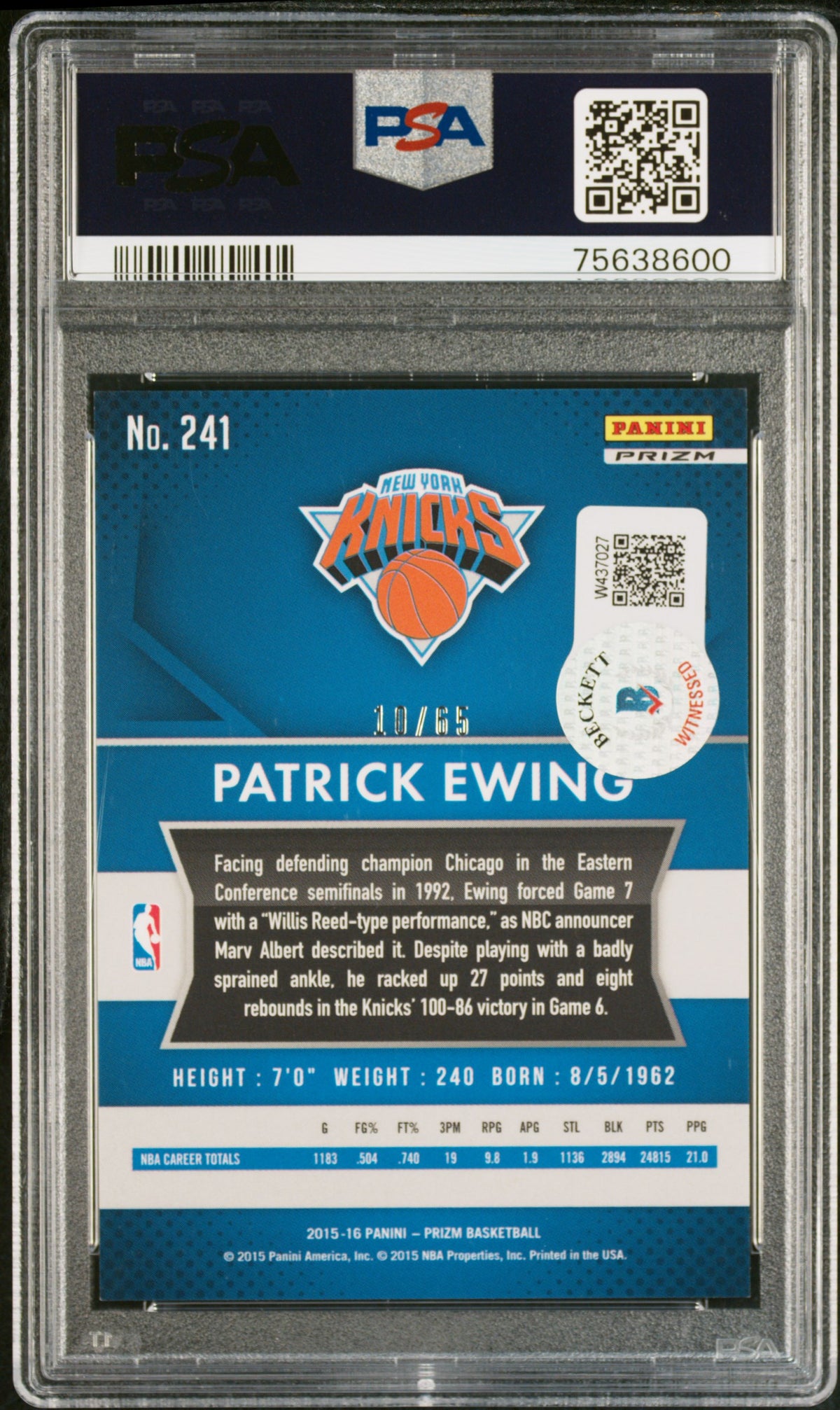 Patrick Ewing 2015 Panini Orange Prizm Signed Card #241 Auto Graded PSA 10-Powers Sports Memorabilia