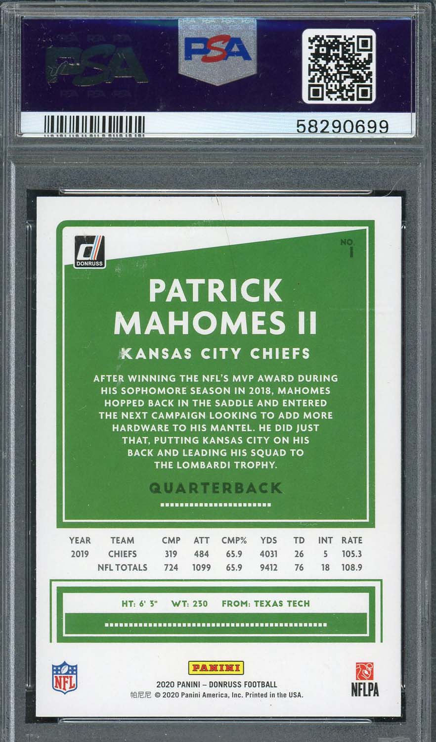 Patrick Mahomes 2020 Panini Donruss Red Press Proof Card #1 Graded PSA 10-Powers Sports Memorabilia