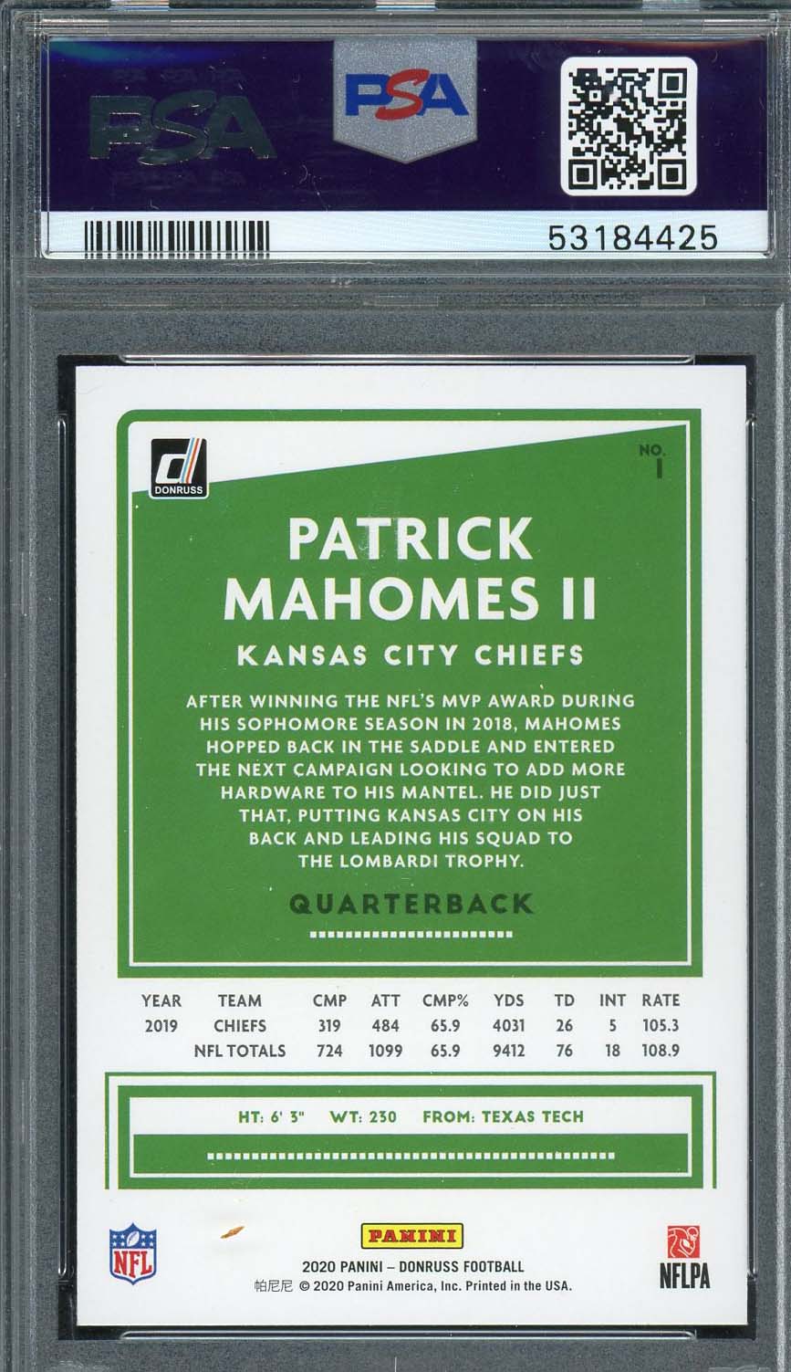 Patrick Mahomes 2020 Panini Donruss Football Card #1 Graded PSA 10-Powers Sports Memorabilia