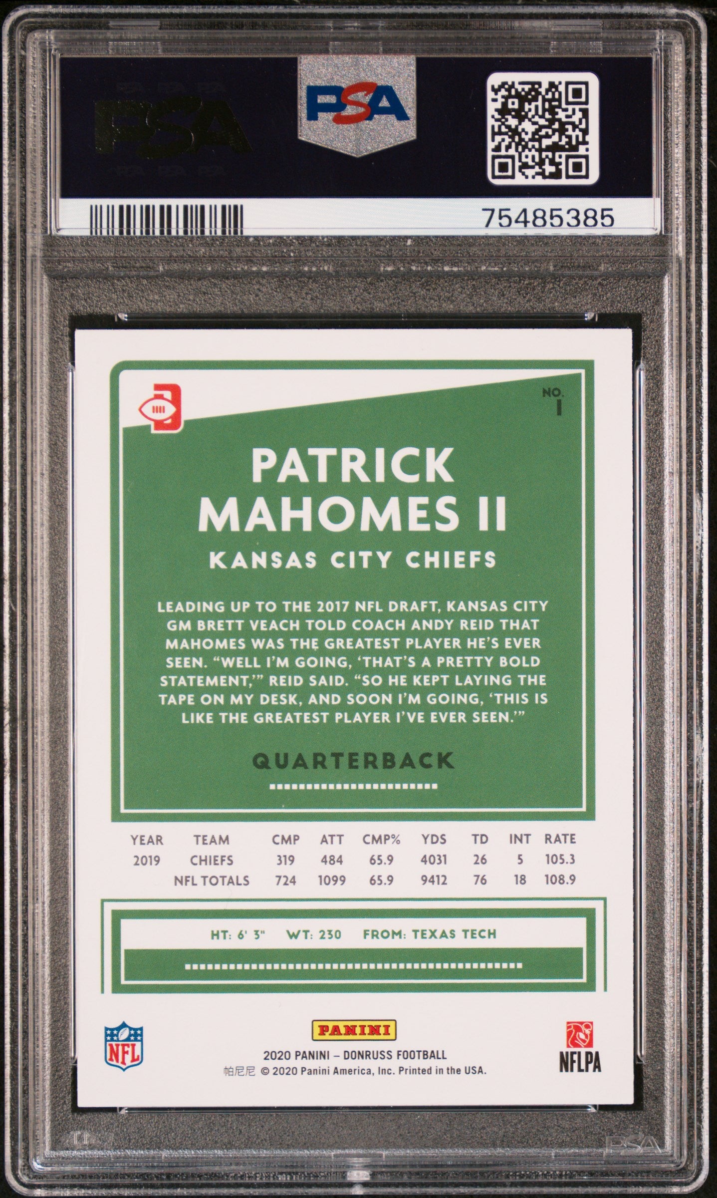 Patrick Mahomes 2020 Panini Donruss SP Football Card #1 Graded PSA 10-Powers Sports Memorabilia