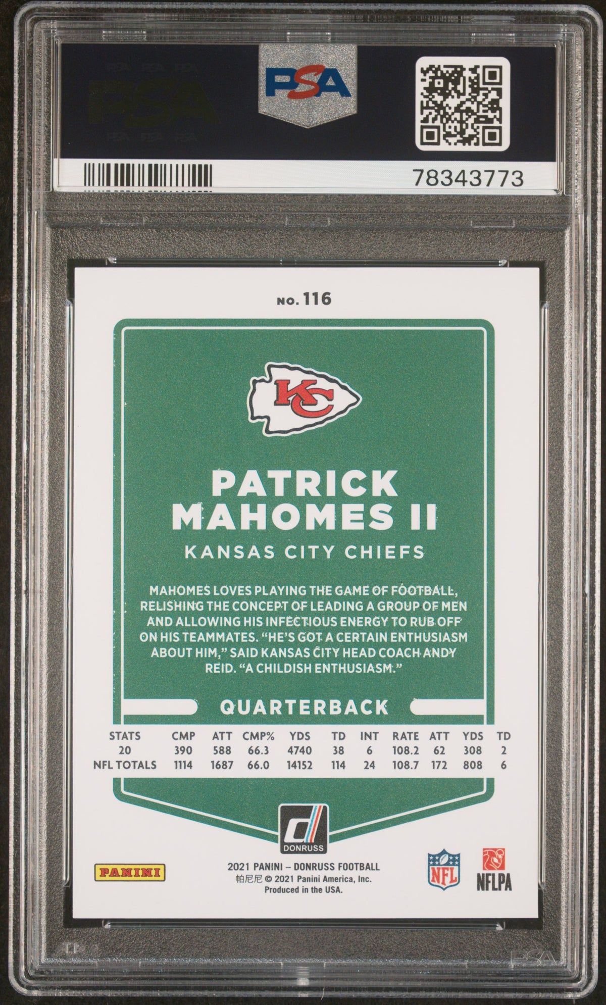 Patrick Mahomes 2021 Panini Donruss Press Proof Premium Card #116 Graded PSA 10-Powers Sports Memorabilia