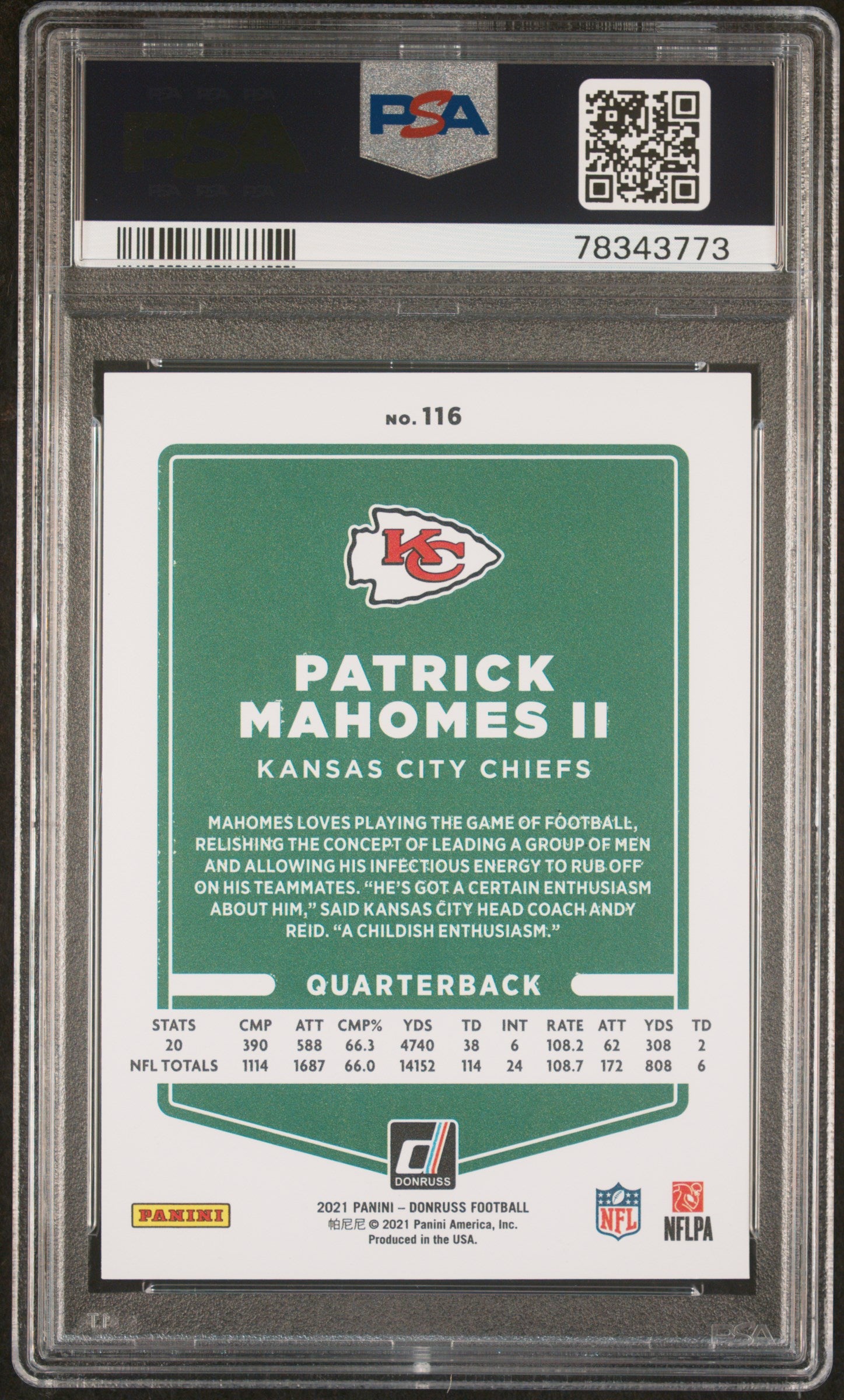 Patrick Mahomes 2021 Panini Donruss Press Proof Premium Card #116 Graded PSA 10-Powers Sports Memorabilia