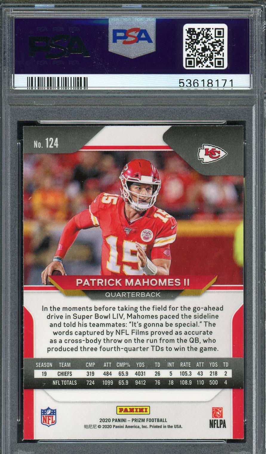 Patrick Mahomes 2020 Panini Prizm Football Card #124 Graded PSA 10