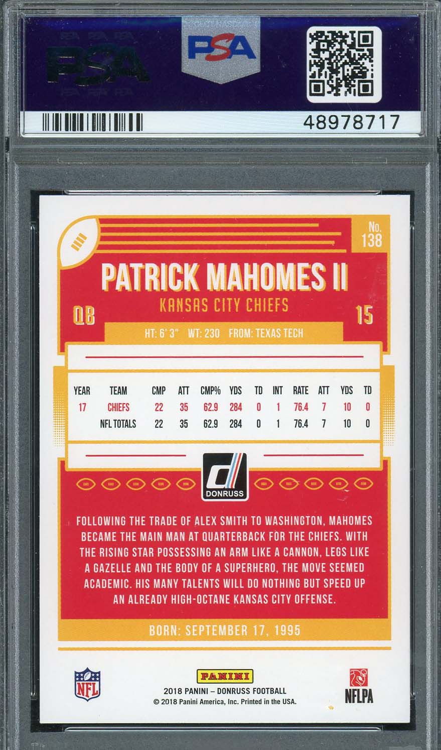 Patrick Mahomes 2018 Panini Donruss Football Card #138 Graded PSA 10-Powers Sports Memorabilia