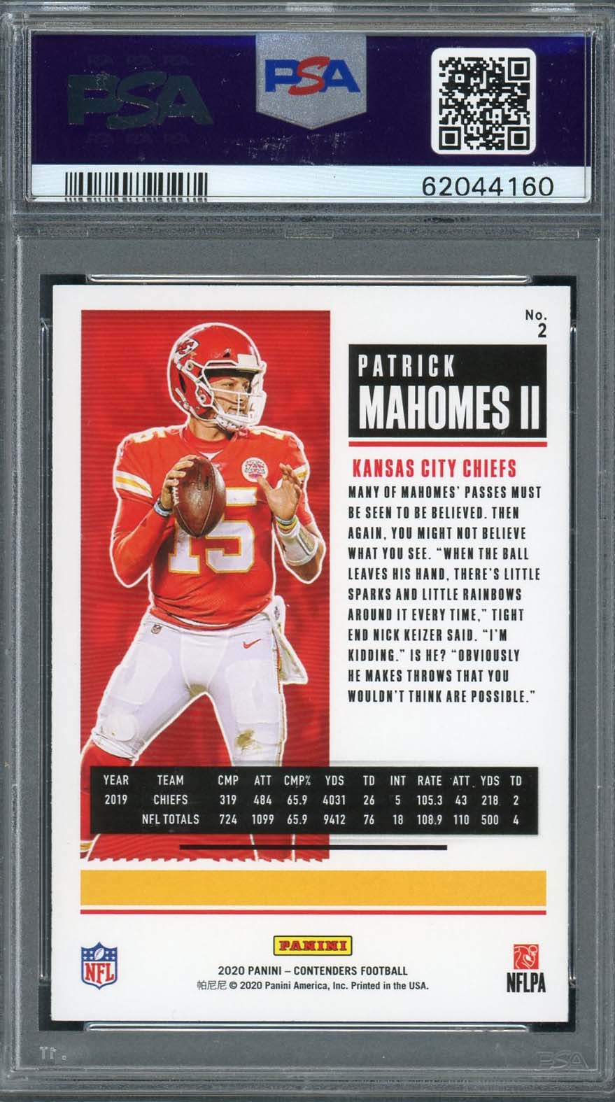 Patrick Mahomes 2020 Panini Contenders Football Card #2 Graded PSA 10