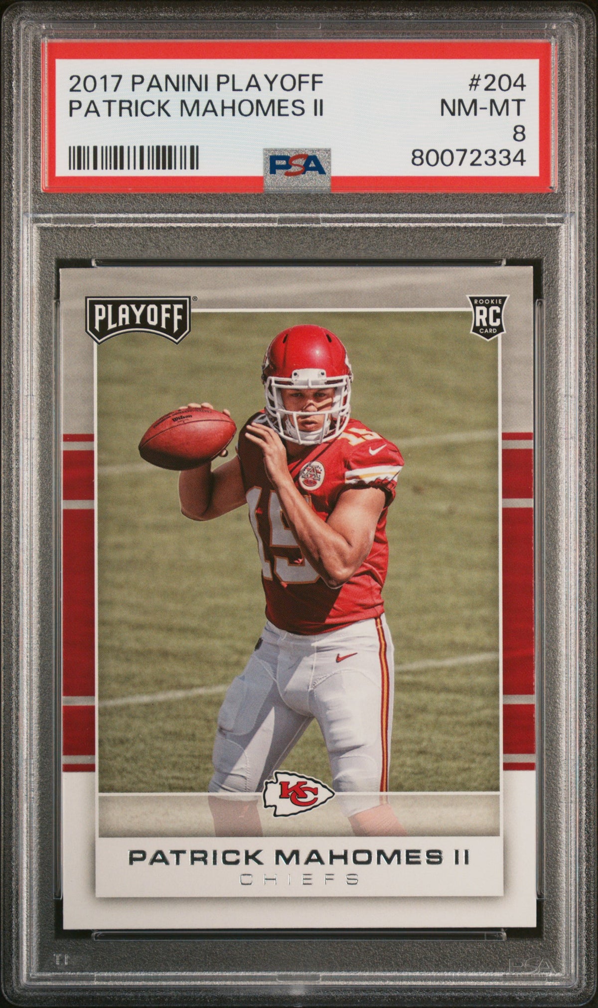Patrick Mahomes 2017 Panini Playoff Football Rookie Card #204 Graded PSA 8-Powers Sports Memorabilia