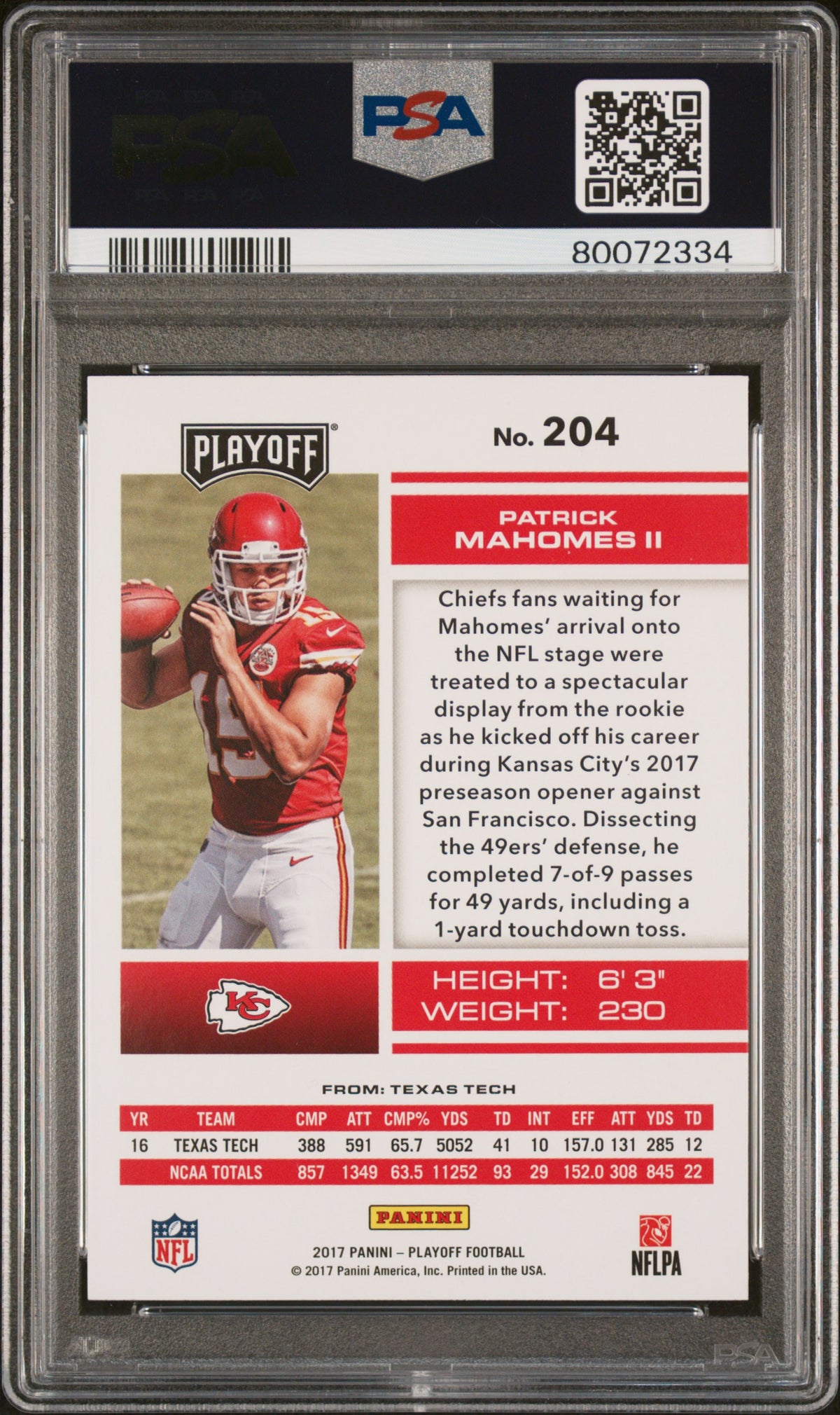 Patrick Mahomes 2017 Panini Playoff Football Rookie Card #204 Graded PSA 8-Powers Sports Memorabilia