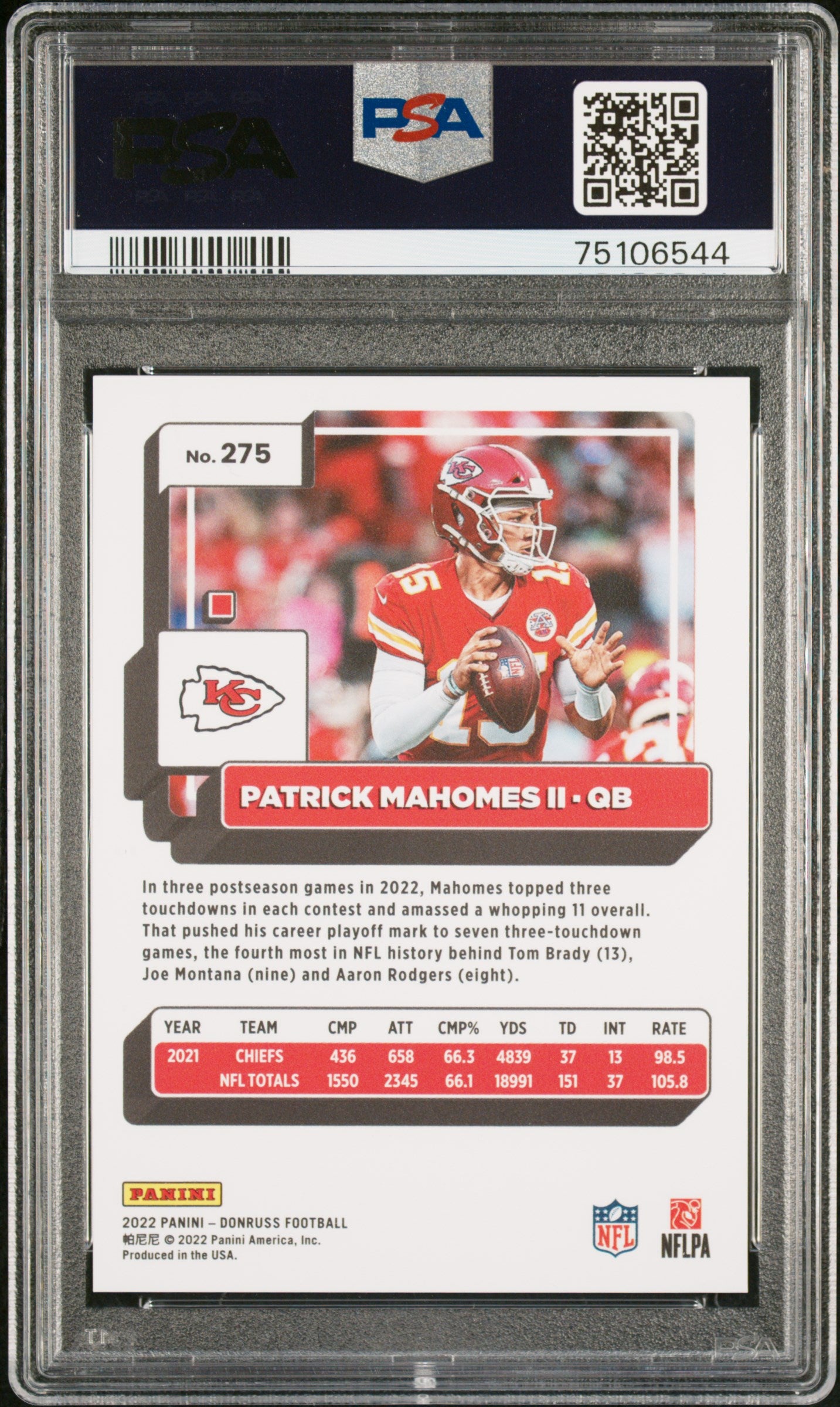 Patrick Mahomes 2022 Panini Donruss Press Proof Premium Card #275 Graded PSA 10-Powers Sports Memorabilia