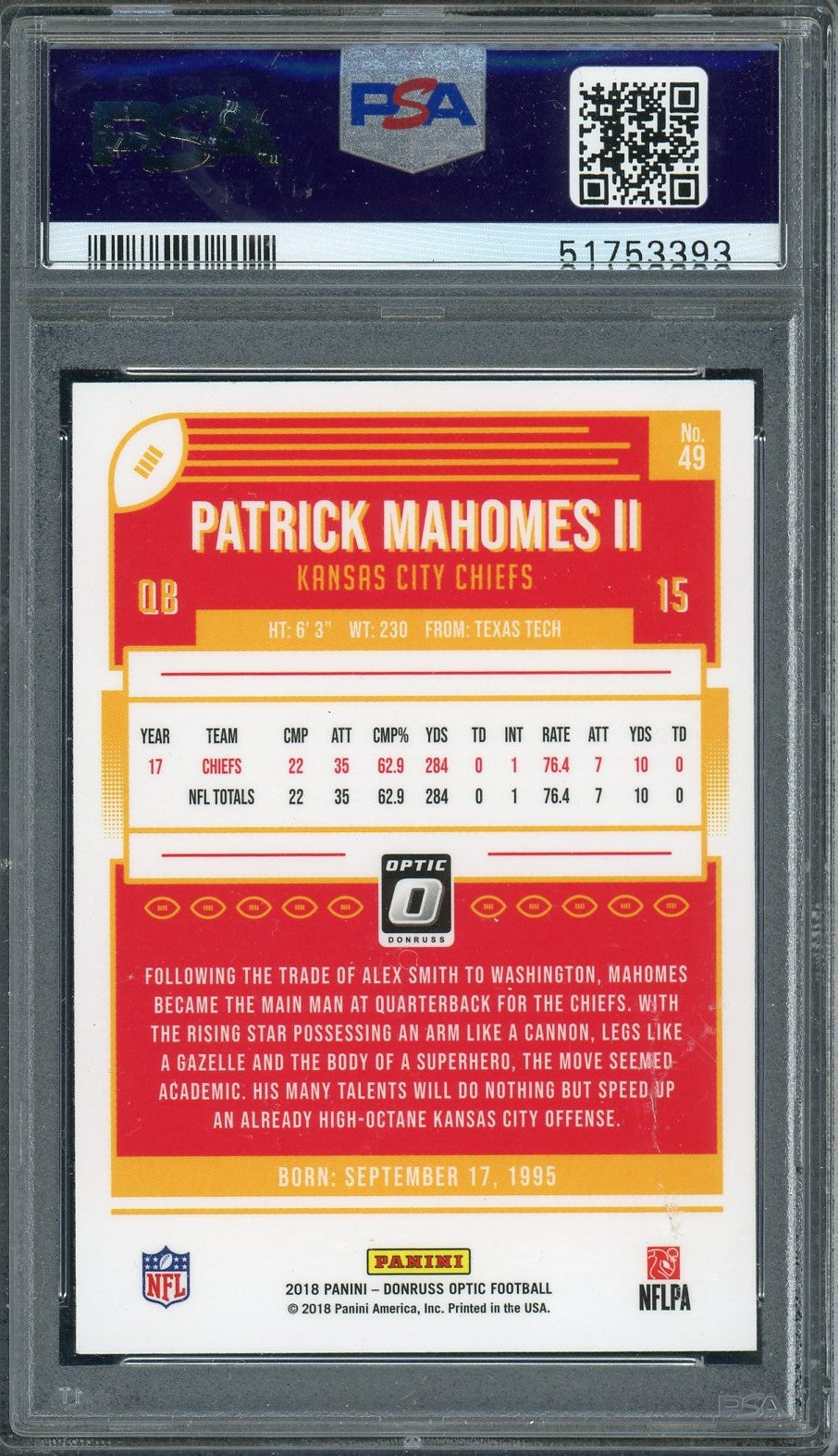 Patrick Mahomes 2018 Panini Donruss Optic Football Card #49 Graded PSA 10-Powers Sports Memorabilia