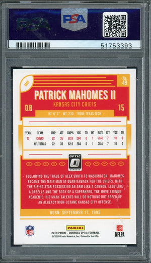 Patrick Mahomes 2018 Panini Donruss Optic Football Card #49 Graded PSA 10-Powers Sports Memorabilia