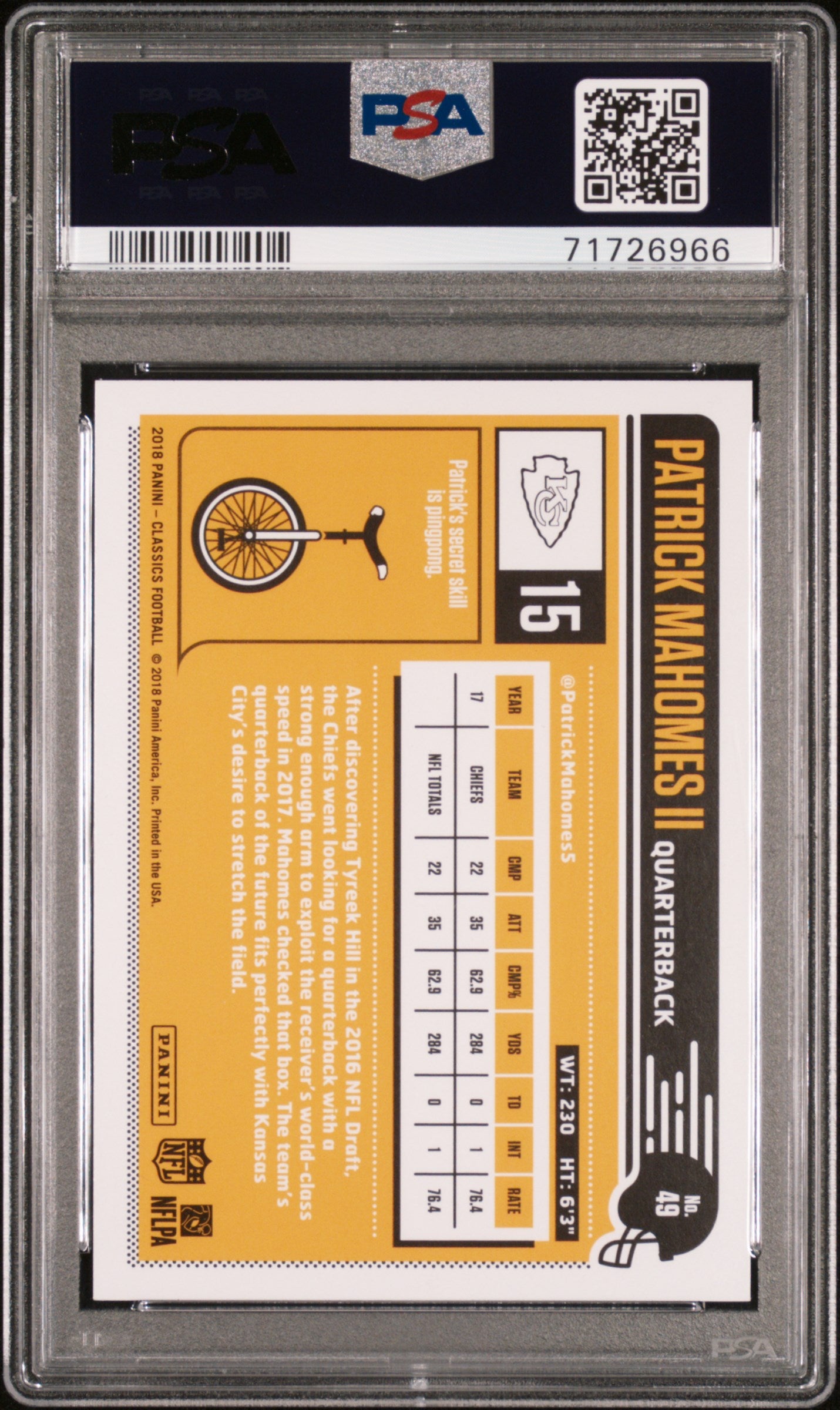 Patrick Mahomes 2018 Panini Classics Football Card #49 Graded PSA 10