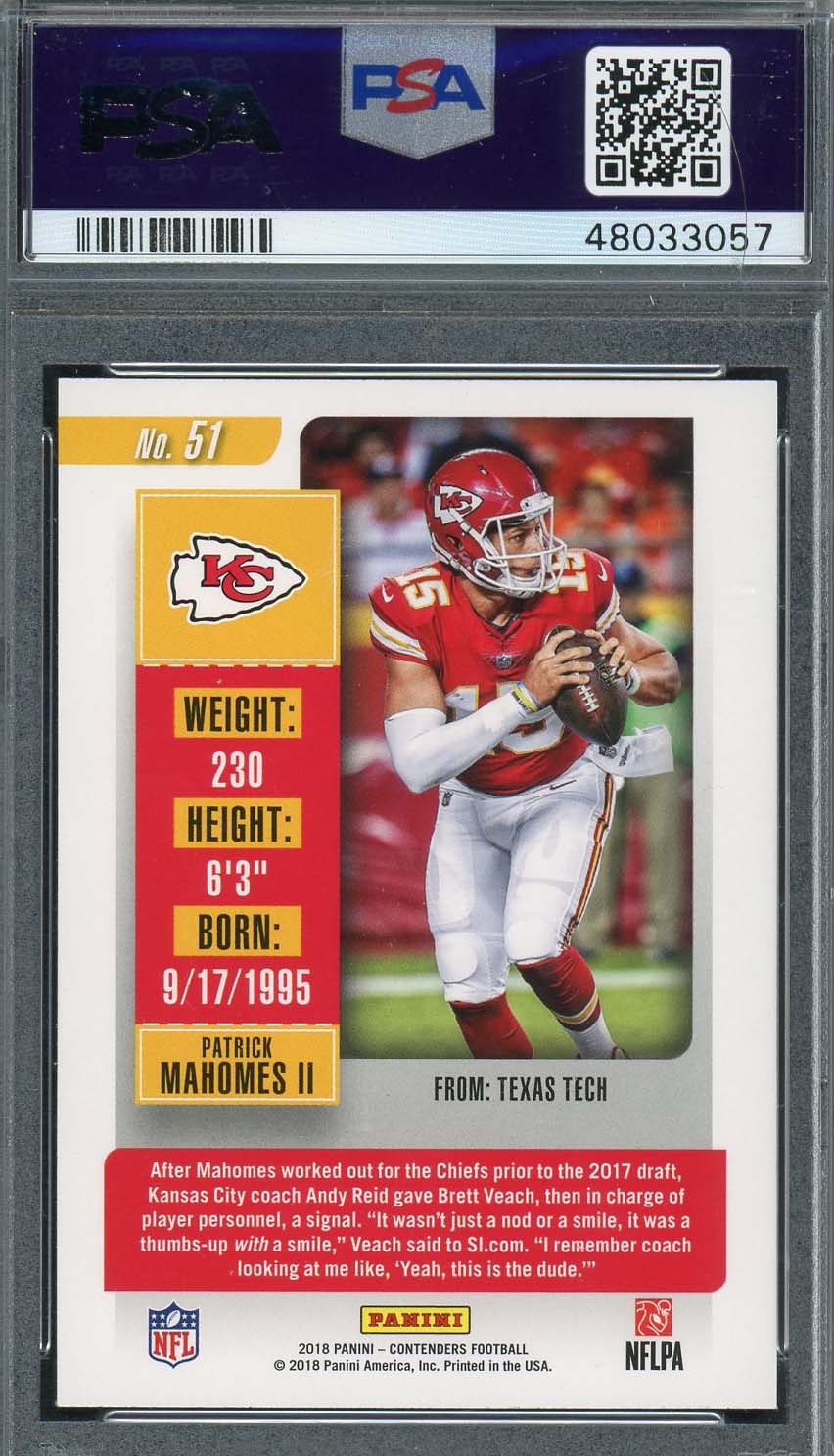 Patrick Mahomes 2018 Panini Contenders Football Card #51 Graded PSA 10-Powers Sports Memorabilia