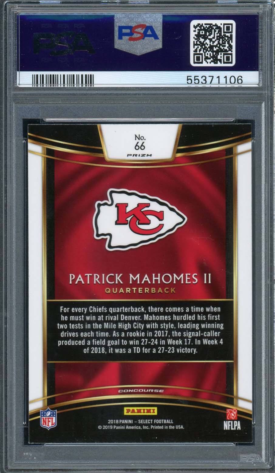 Patrick Mahomes 2018 Panini Select Silver Prizm Football Card #66 Graded PSA 10