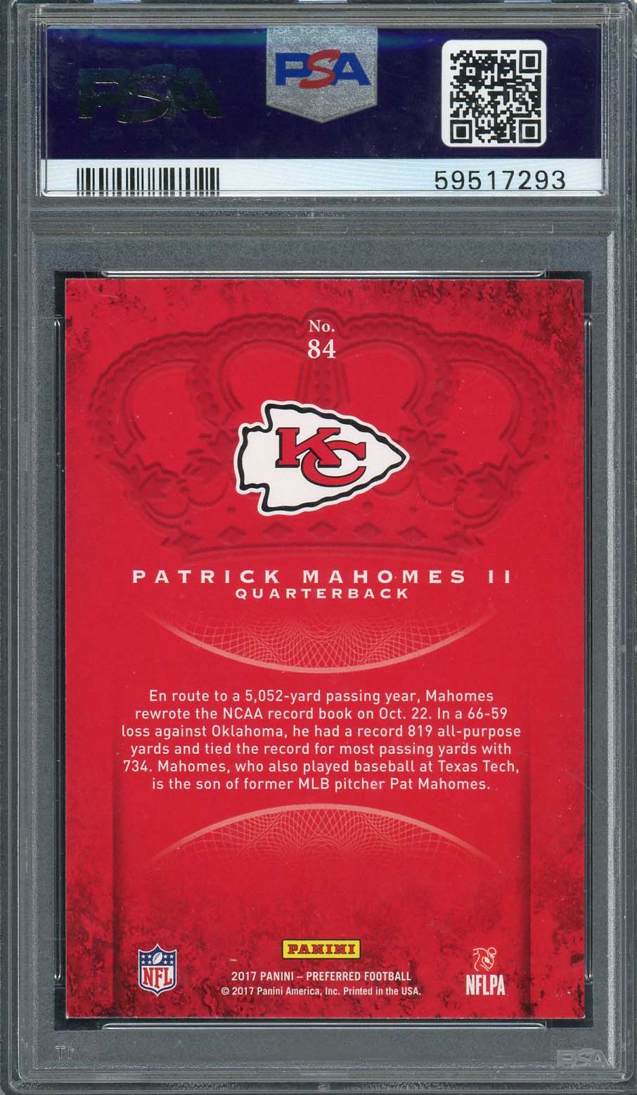 Patrick Mahomes 2017 Panini Crown Royale Football Rookie Card #84 PSA 8-Powers Sports Memorabilia