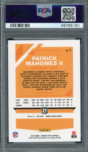 Patrick Mahomes 2019 Panini Donruss Optic Football Card #1 Graded PSA 10-Powers Sports Memorabilia