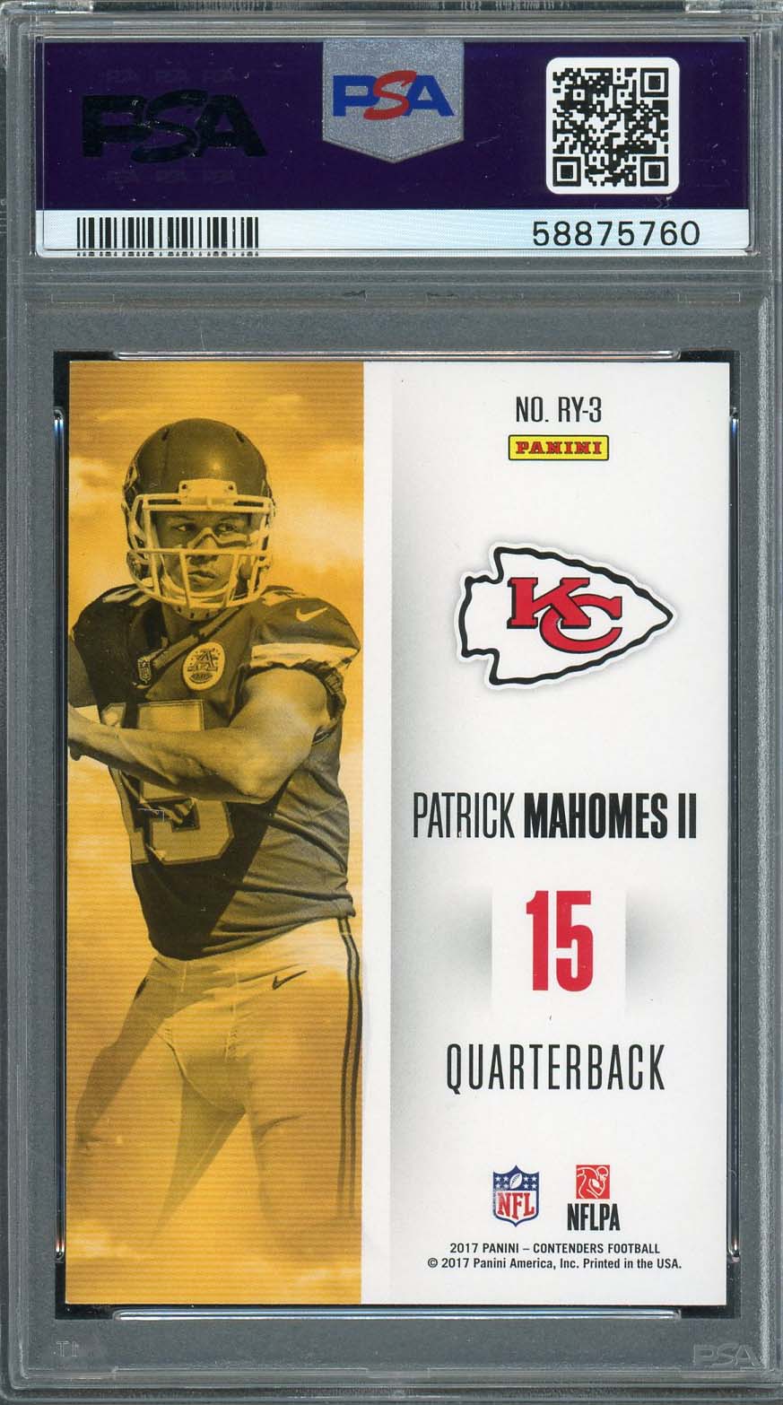 Patrick Mahomes 2017 Panini Contenders Football Rookie Card #RY-3 Graded PSA 9