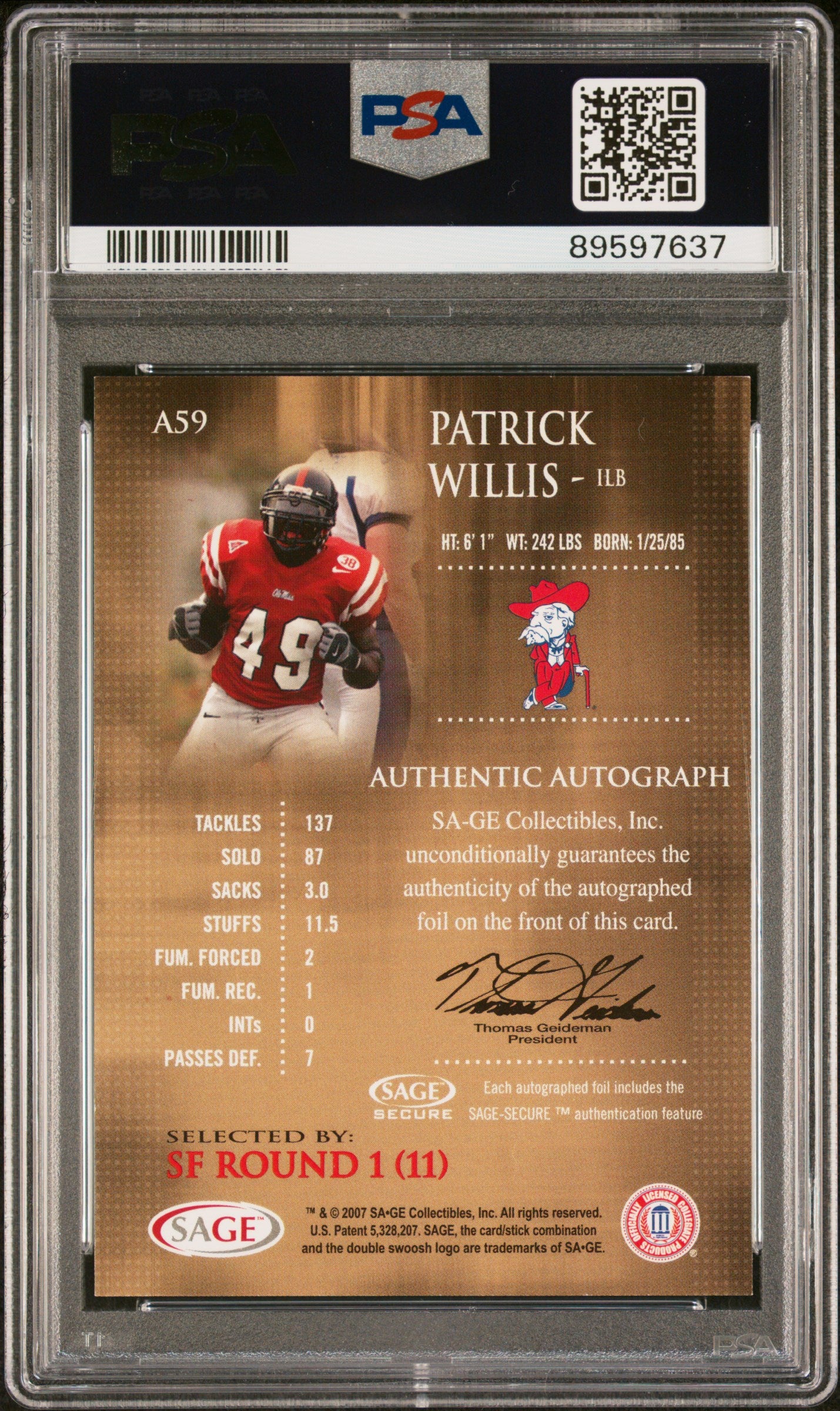 Patrick Willis 2007 SA-GE Autographs Gold Signed Rookie Card #A59 Auto PSA 8-Powers Sports Memorabilia