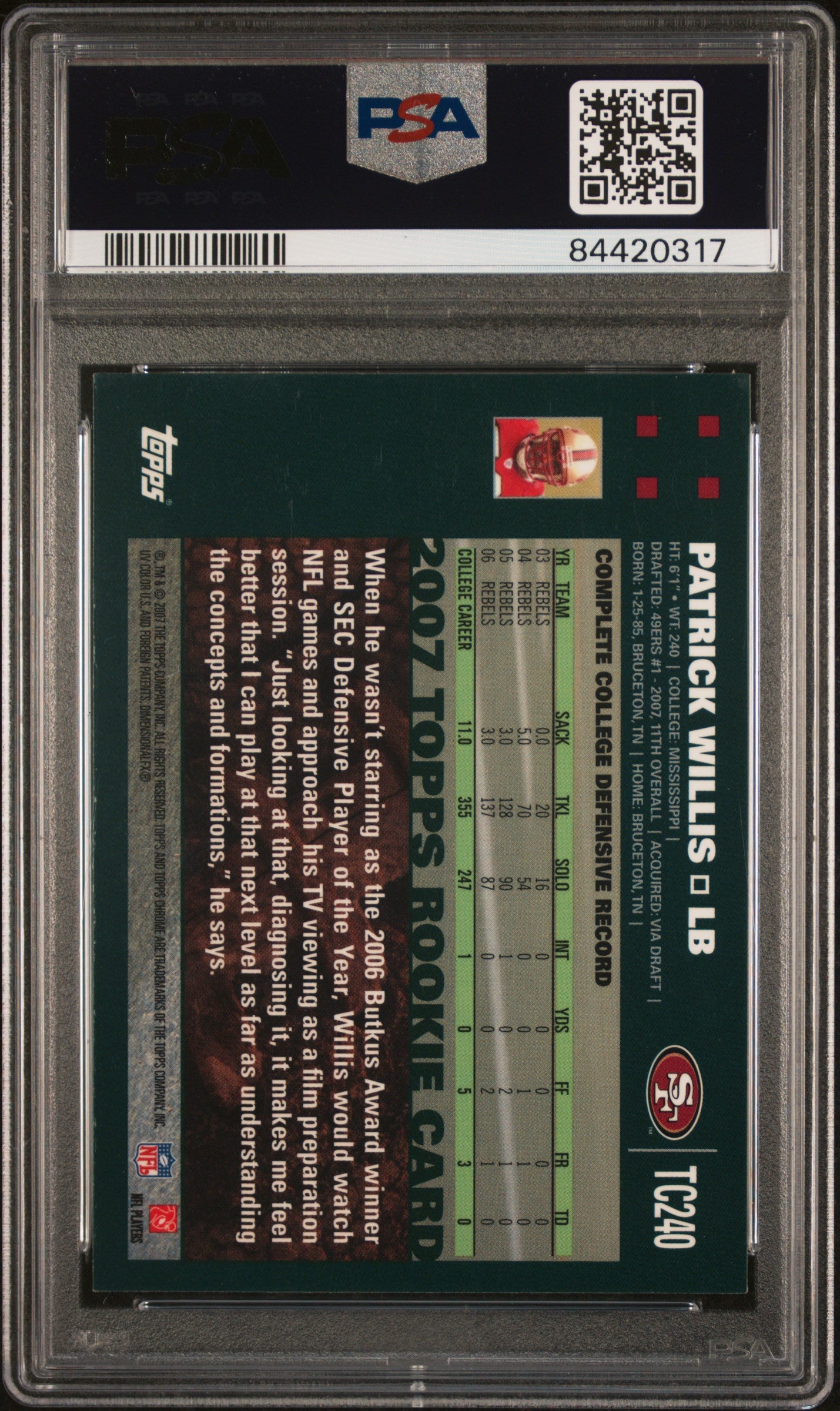 Patrick Willis 2007 Topps Chrome Football Rookie Card #TC240 Auto Graded PSA 8-Powers Sports Memorabilia