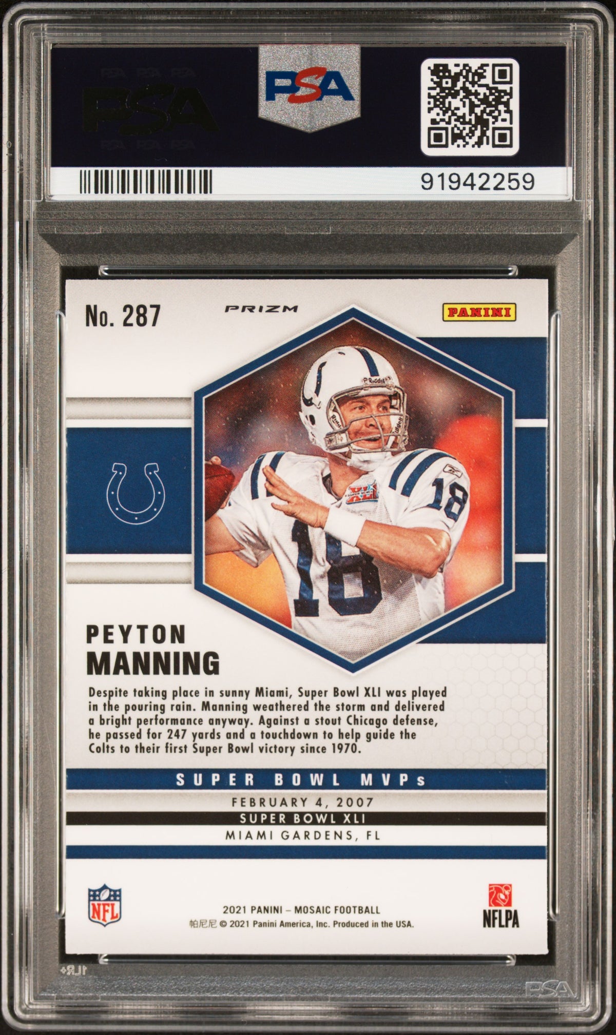 Peyton Manning 2021 Panini Mosaic Reactive Blue Football Card #287 Graded PSA 10-Powers Sports Memorabilia